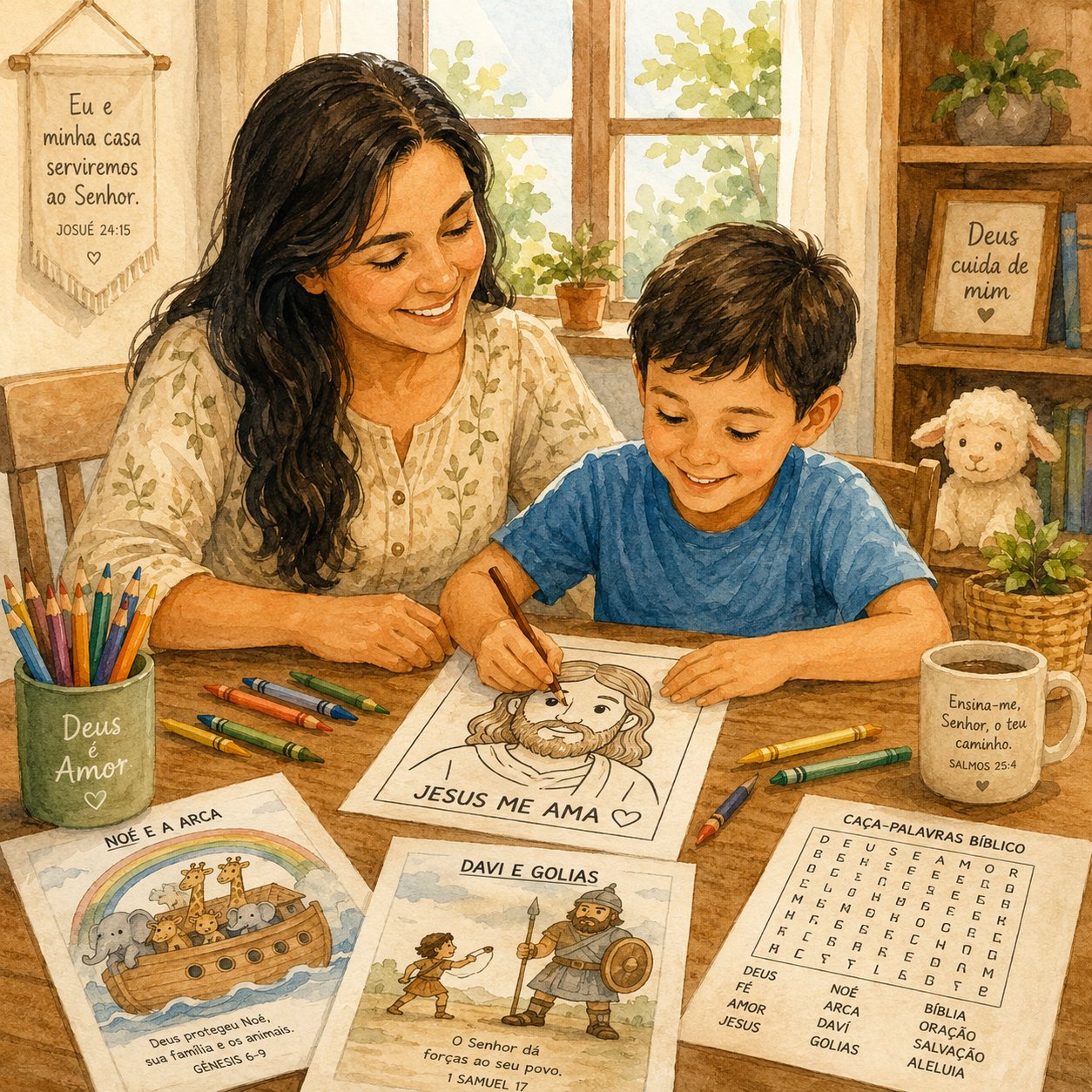Mãe e filho fazendo atividades bíblicas juntos